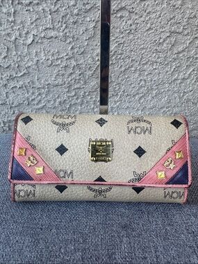 MCM Beige Visetos Trifold Wallet with Pink and Navy Accents